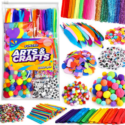 FUNZBO 2000Pcs+ Arts & Crafts Supplies Kits for KidsDIY Craft Supplies for Toddlers DIY Art Supply Tools Set Include Pipe CleanersPom PomsFeather for CraftsCrafts for Kids Ages 4-8