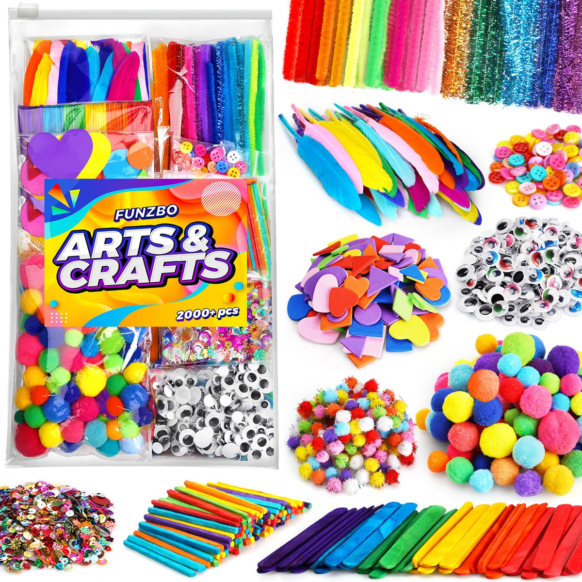 FUNZBO 2000Pcs+ Arts & Crafts Supplies Kits for KidsDIY Craft Supplies for Toddlers DIY Art Supply Tools Set Include Pipe CleanersPom PomsFeather for CraftsCrafts for Kids Ages 4-8